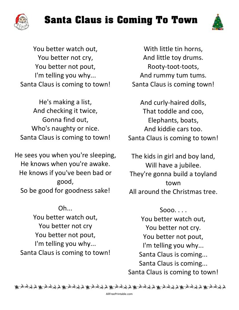 Free Printable Santa Claus is Coming to Town Lyrics Free Printable Santa Claus is Coming to Town Lyrics